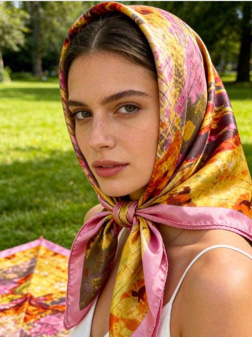Silk-Feel Pink & Yellow Floral Square Scarf - Women Accessories - Picture 1 of 5